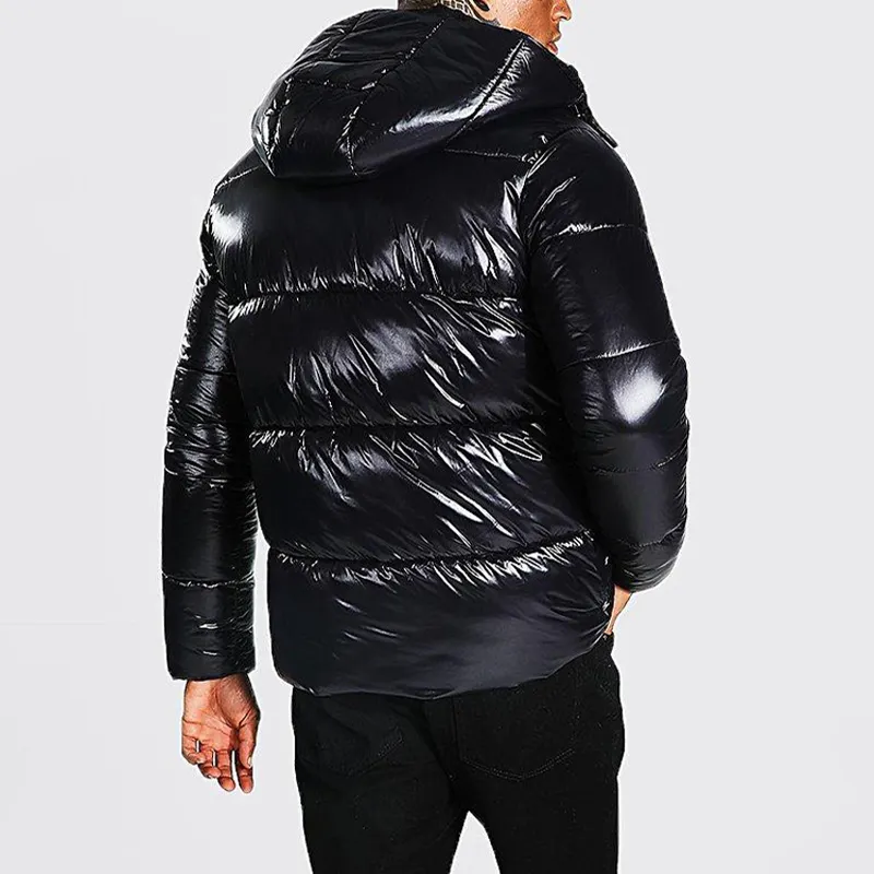 Winter Black Plain Hooded Heavy Zip Up Long Sleeve Bubble Coat Custom Logo Oversized Cotton Down Men Shiny Puffer Jacket