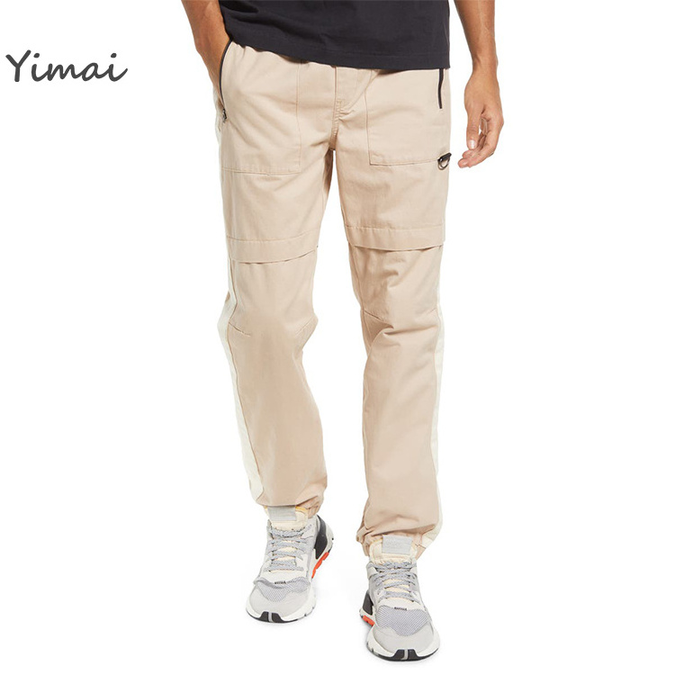 Wholesale Custom Men's Elastic Waist Zippered Pockets Side Stripe Khaki Cotton Casual Cargo Trousers Fitness Joggers