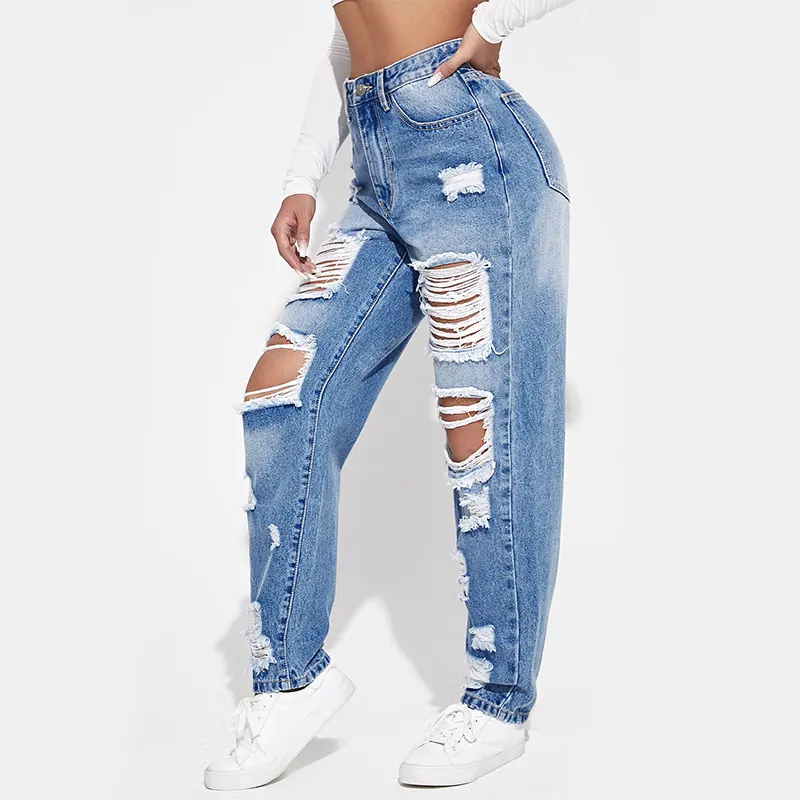 New Design Private Label Wholesale Ladies Hip Hop Straightly Color Wash Denim Long Pants Ripped Jeans For Women