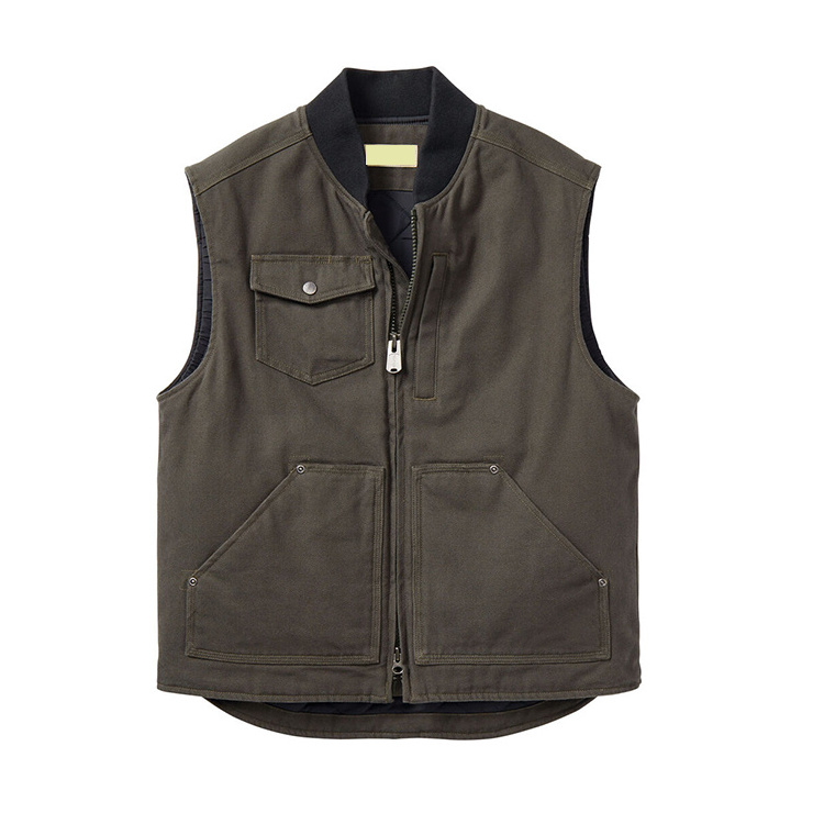 OEM ODM Men Black Quilted Lined Warm Outdoor Patch Pockets Khaki Casual Jacket Work Wear Canvas Vest