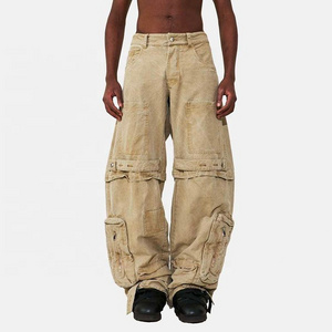 Men New Style Sun Faded Oversized Multi Pocket Baggy Vintage Acid Wash Removable Zipper Cargo Pants