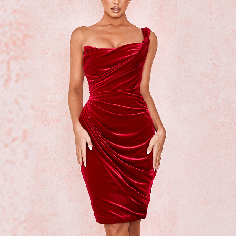 OEM Deep Half Sleeve Red Elegant Sexy Party Bodycon Women's Velvet Draped Dress