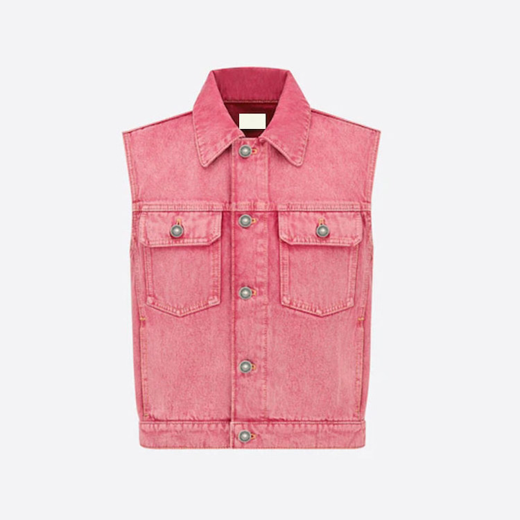 unisex custom fashion side seam pockets button placket overdyed cotton pink denim work jacket vest