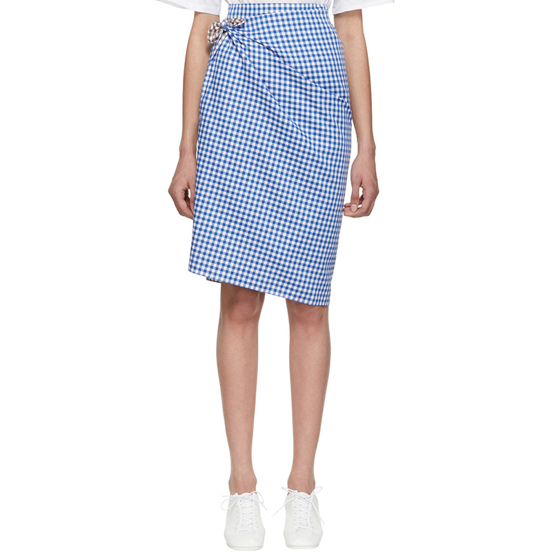 Side Asymmetrical Wrap Blue White Brown Color Blended Fashionable Midi Top Selling Plaid Zip Closure Pleated Skirt