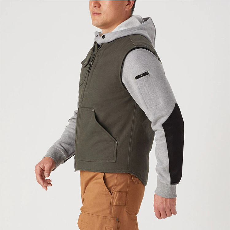 OEM ODM Men Black Quilted Lined Warm Outdoor Patch Pockets Khaki Casual Jacket Work Wear Canvas Vest