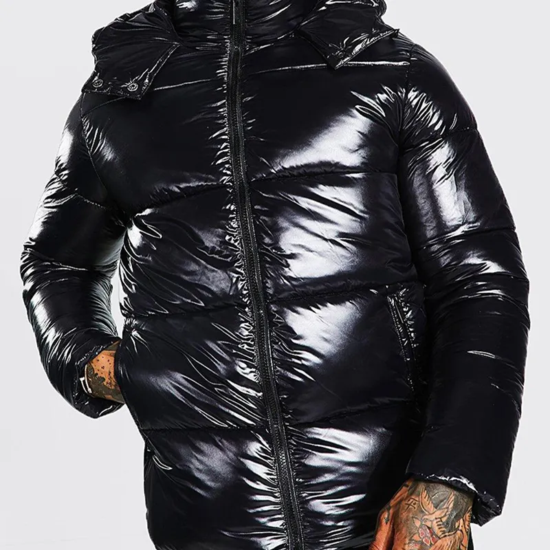 Winter Black Plain Hooded Heavy Zip Up Long Sleeve Bubble Coat Custom Logo Oversized Cotton Down Men Shiny Puffer Jacket