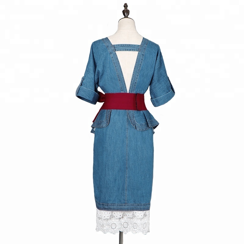 2018 Summer V-neck Sexy Irregular Two-piece Denim Dress + Hollow Skirt