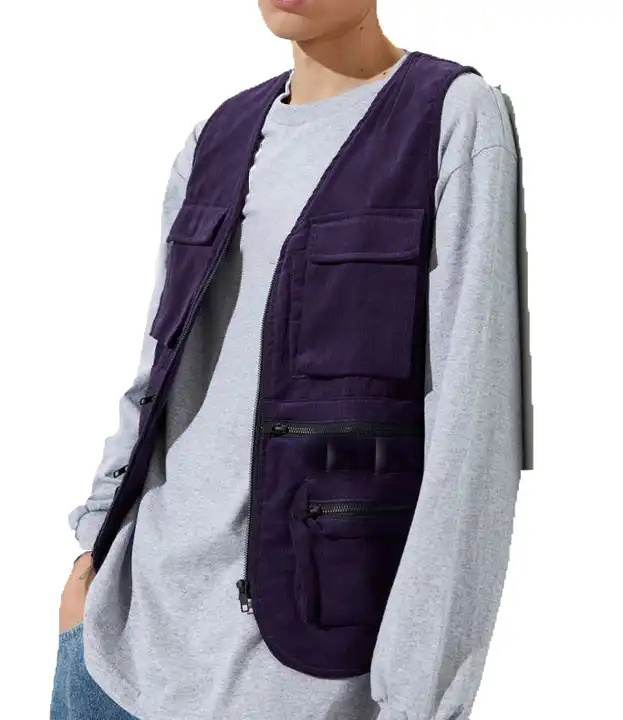 oem factory mens 100% cotton zip up winter streetwear purple corduroy cargo work vest