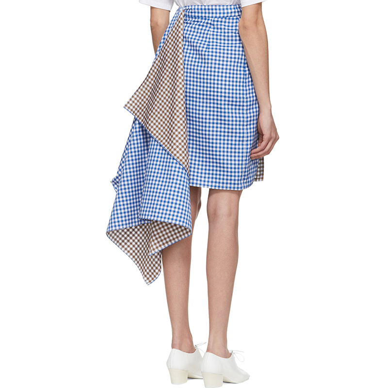 Side Asymmetrical Wrap Blue White Brown Color Blended Fashionable Midi Top Selling Plaid Zip Closure Pleated Skirt