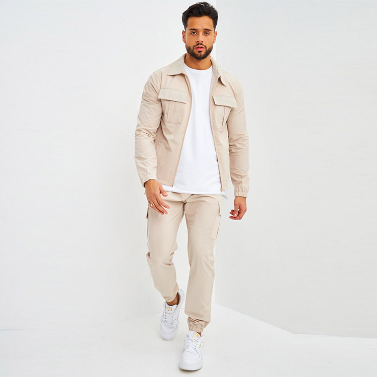 New design custom fashionable high street zip up jacket and cargo jogging pants 2 piece co-ord set