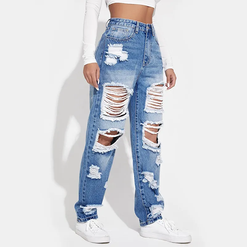 New Design Private Label Wholesale Ladies Hip Hop Straightly Color Wash Denim Long Pants Ripped Jeans For Women