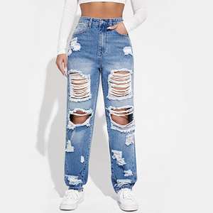 New Design Private Label Wholesale Ladies Hip Hop Straightly Color Wash Denim Long Pants Ripped Jeans For Women