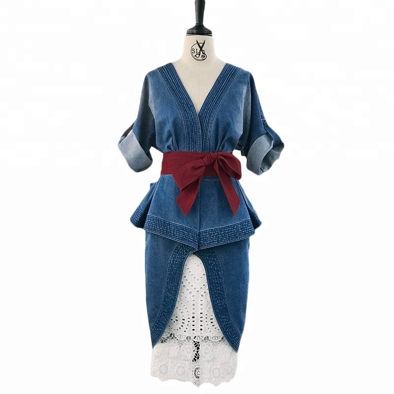 2018 Summer V-neck Sexy Irregular Two-piece Denim Dress + Hollow Skirt