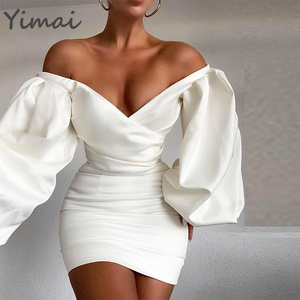 OEM Custom Off Shoulder Fashion Party Club Wear Strapless V-Neck Backless Loose Long Sleeve Folds Spring Women's Dress