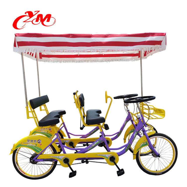 4 seaters row bike for 4 person riding on/yellow color tandem bike for rental/hand brake control bicycle