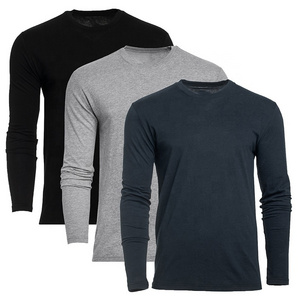 Premium Quality Mens Top Wear With Elastane 3-Pack Classic Black Grey Colors Long Sleeve Basic Style Bamboo Crew Neck T Shirt