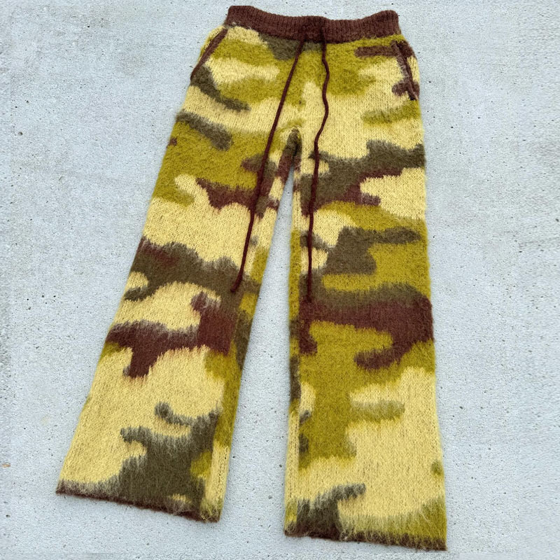 Custom High Quality Unisex Mohair Camo Sweat Pants Print Oversized Drawstring Streetwear Fuzzy Knit Mohair Track Pants Men