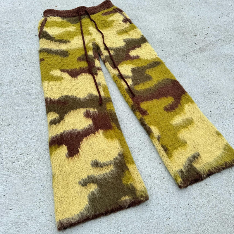 Custom High Quality Unisex Mohair Camo Sweat Pants Print Oversized Drawstring Streetwear Fuzzy Knit Mohair Track Pants Men