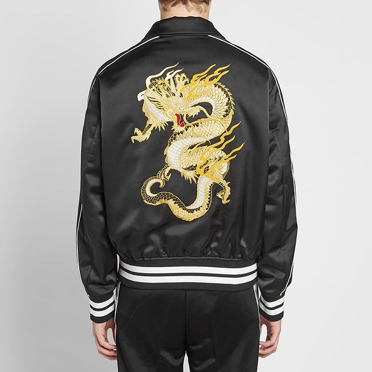 Custom satin varsity bomber baseball winter jacket dragon embroidery men jacket