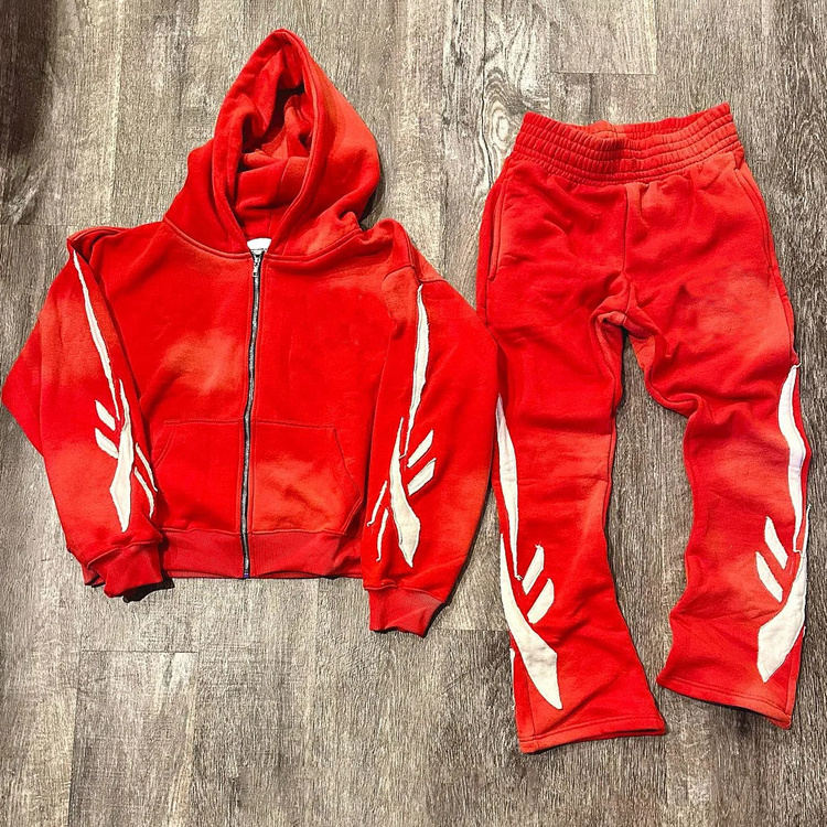 Custom Acid Washed Sweat Suits Cotton Thick Full Zip Up Puff Print Acid Wash Tracksuits Hoodies And Sweatpants Sets For Men