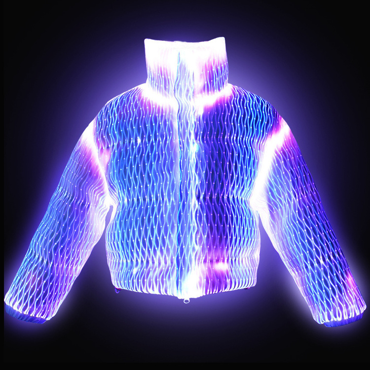 New Fashion Fiber Optic Light Down Jacket Can Be Machine Washable Mens Hip Hop LED Wave Jacket Hooded Light Up Jacket Men