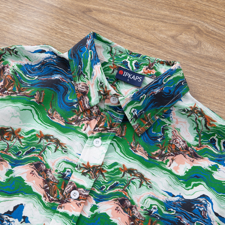 Custom Print Design Beach Wear Quick Dry Satin Cotton Button Down Collar Short Sleeves Green Hawaiian Shirt For Men