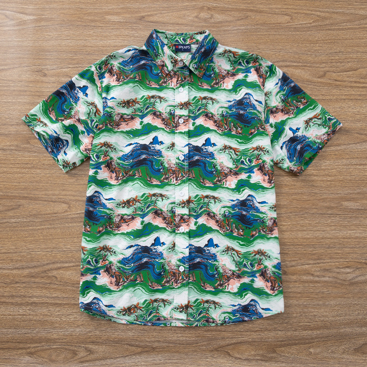 Custom Print Design Beach Wear Quick Dry Satin Cotton Button Down Collar Short Sleeves Green Hawaiian Shirt For Men