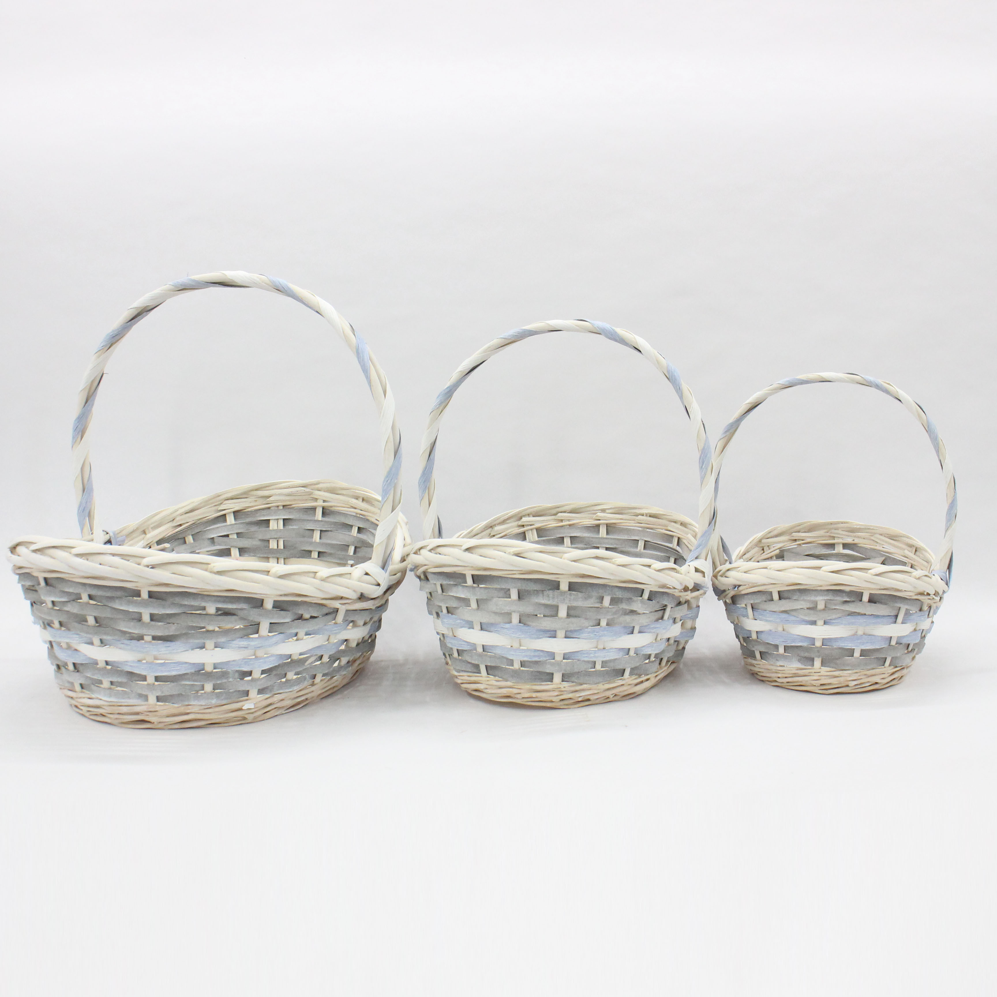 Boat shaped blue gray decorative strip wicker wood mixed woven flower basket storage basket