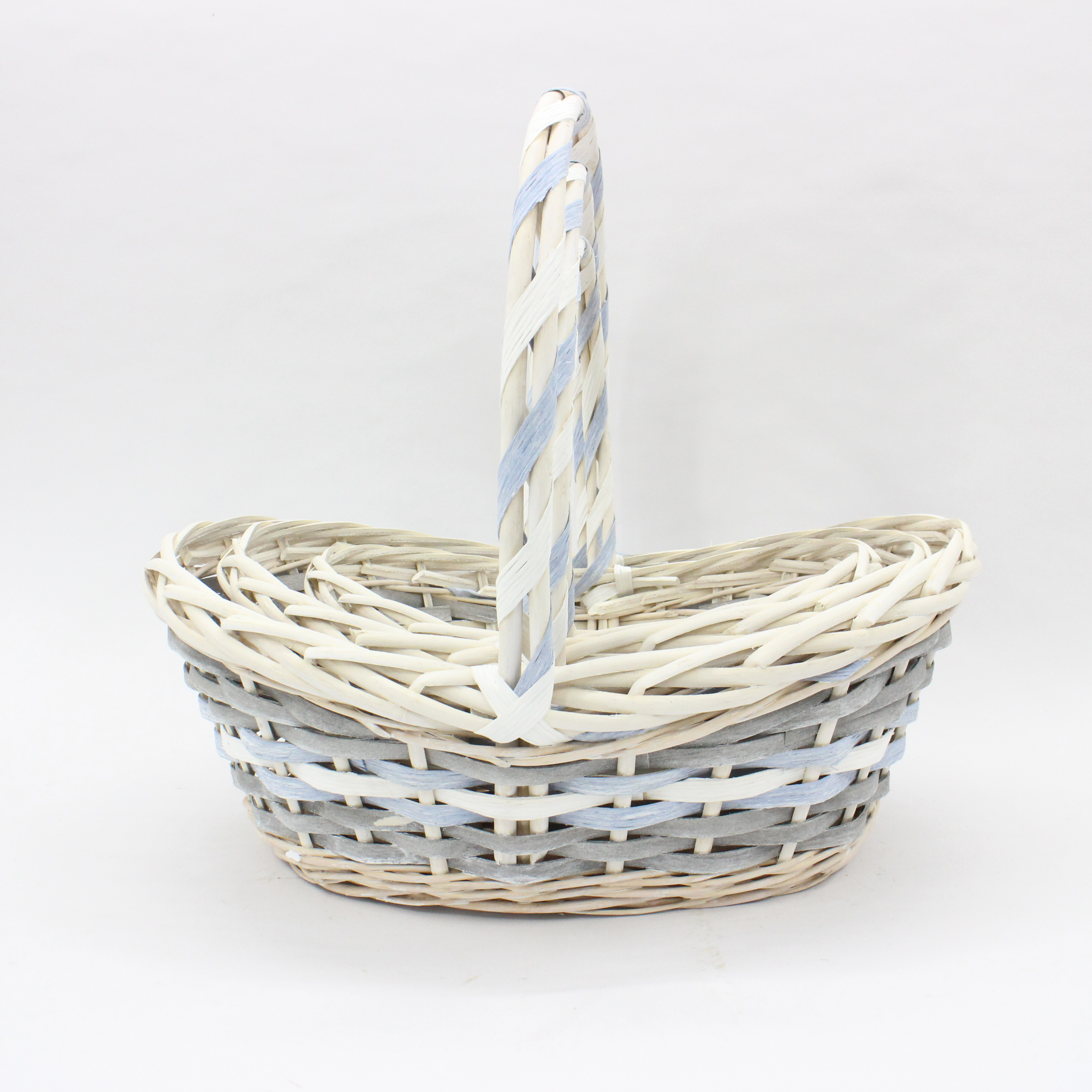 Boat shaped blue gray decorative strip wicker wood mixed woven flower basket storage basket