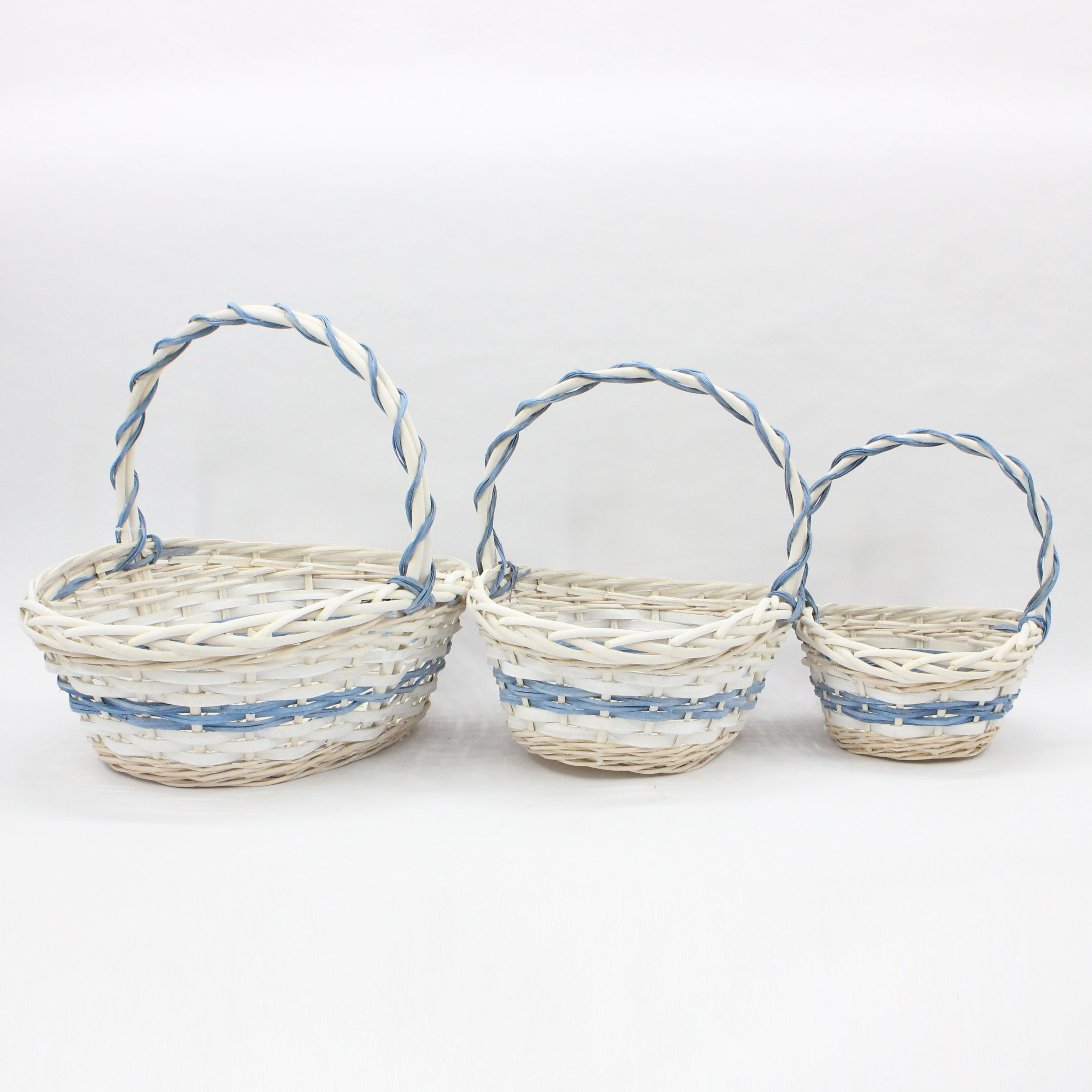 Boat shaped blue decorative strip wicker wood mixed woven flower basket storage basket