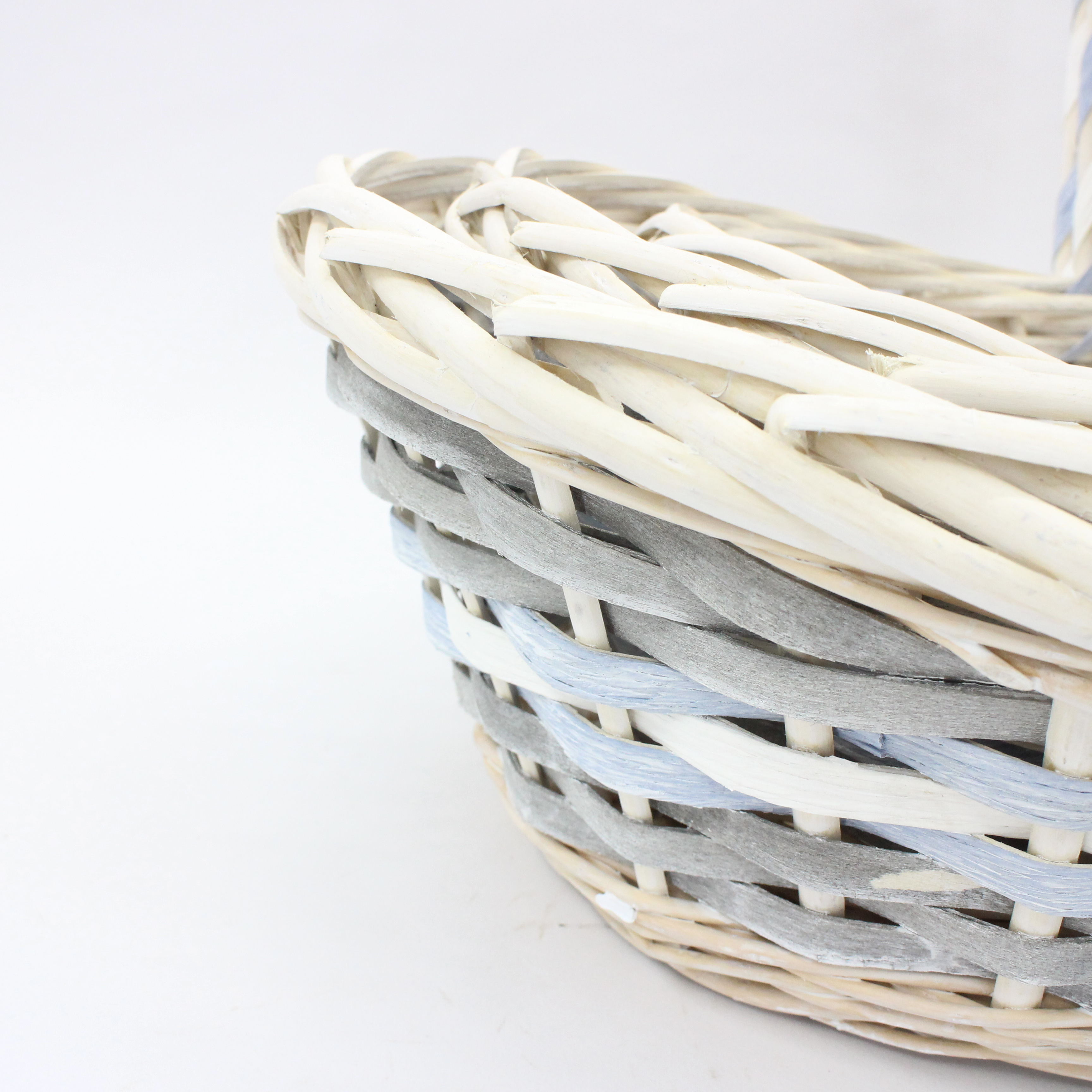 Boat shaped blue gray decorative strip wicker wood mixed woven flower basket storage basket