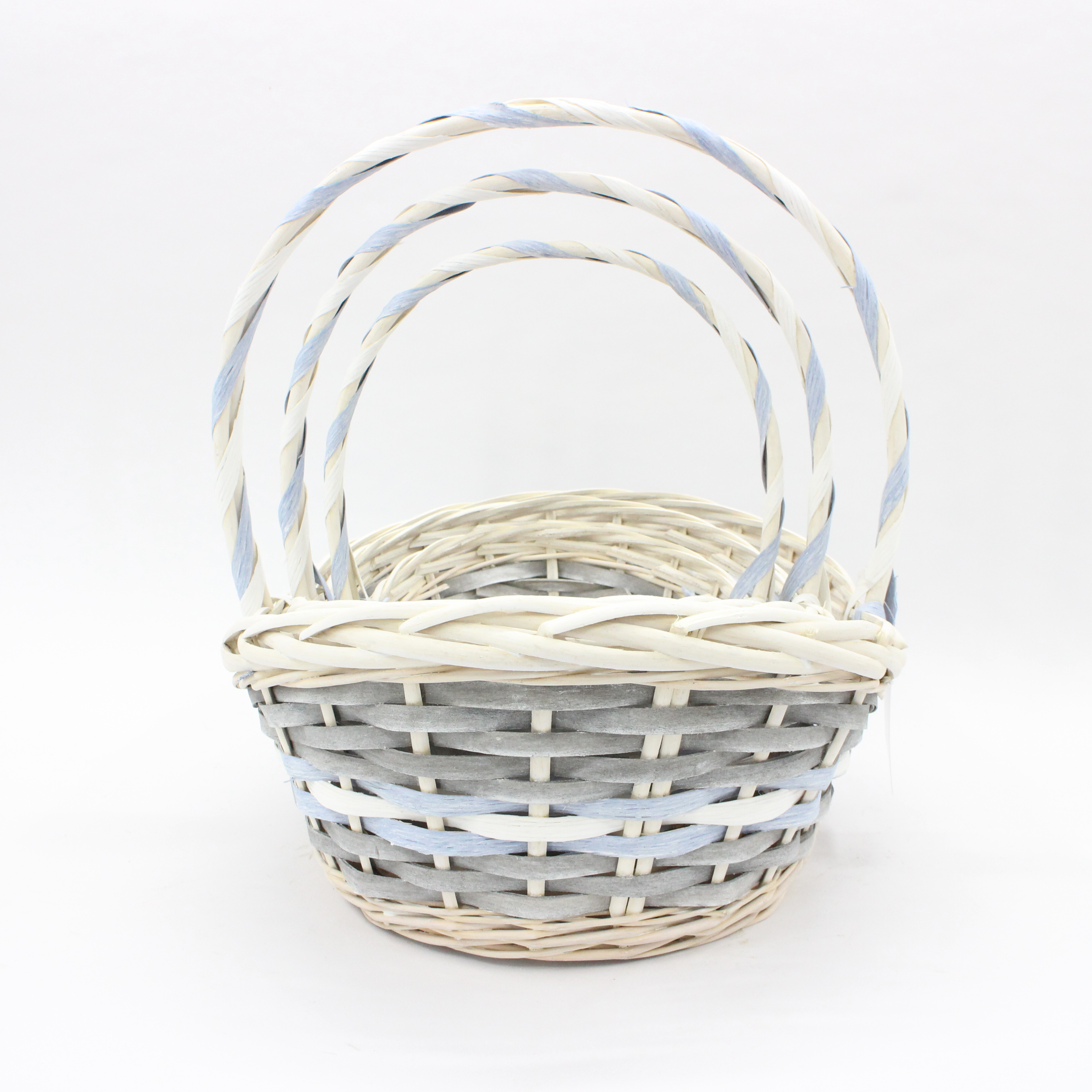 Boat shaped blue gray decorative strip wicker wood mixed woven flower basket storage basket