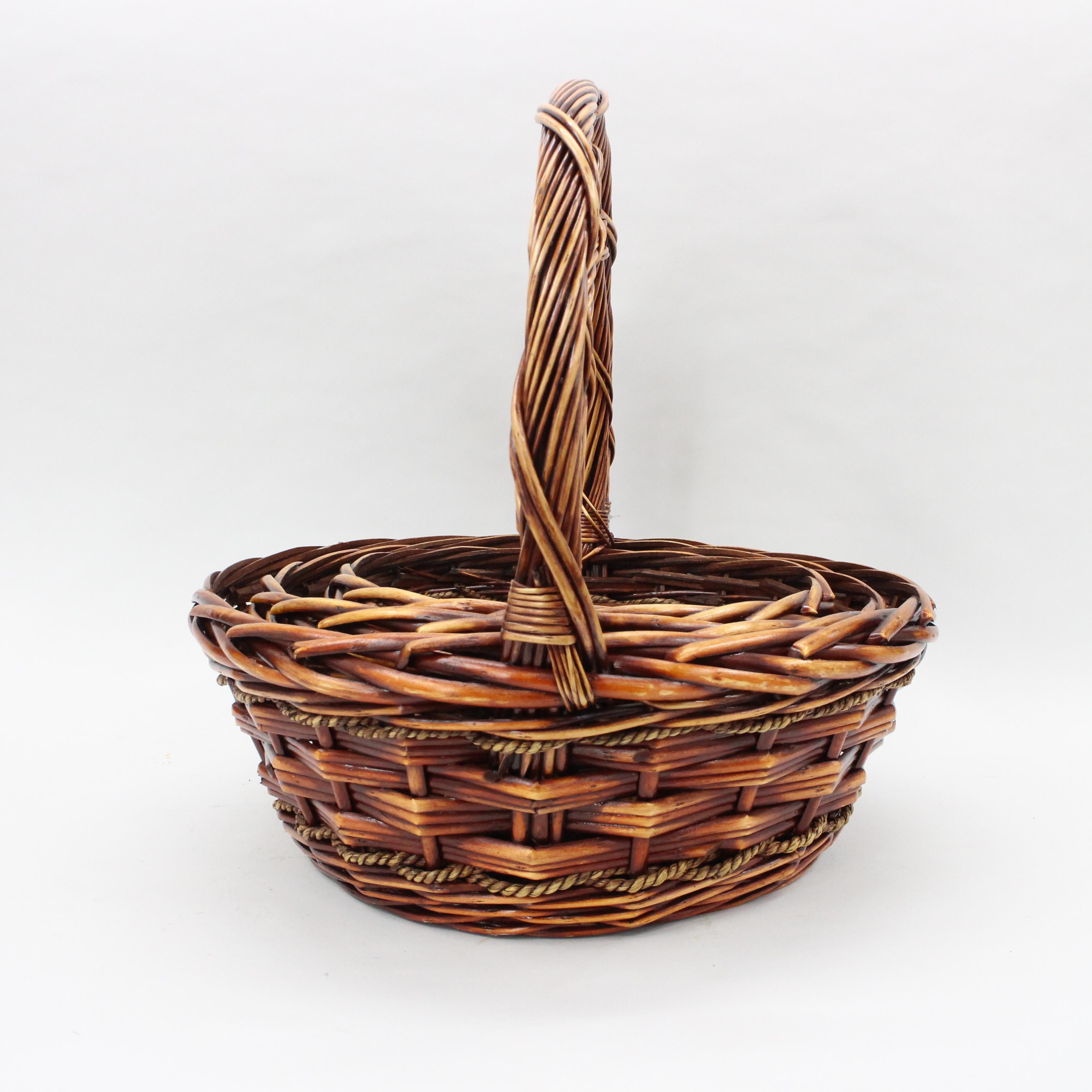 Chinese boat shaped coffee colored paper rope wicker mixed woven flower basket water fruit basket