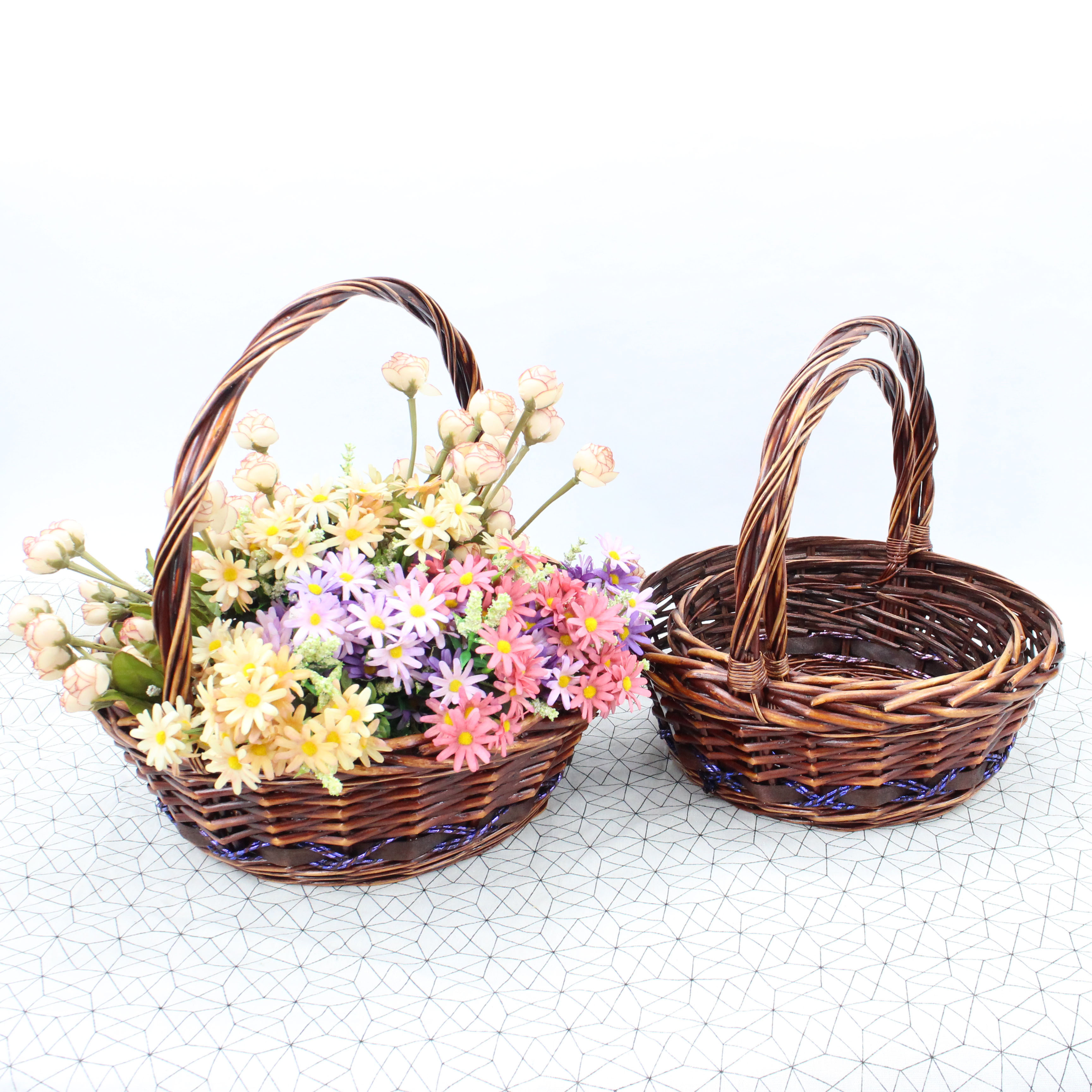 New Round Purple Paper Rope Willow Mixed Woven Flower Basket Storage Basket