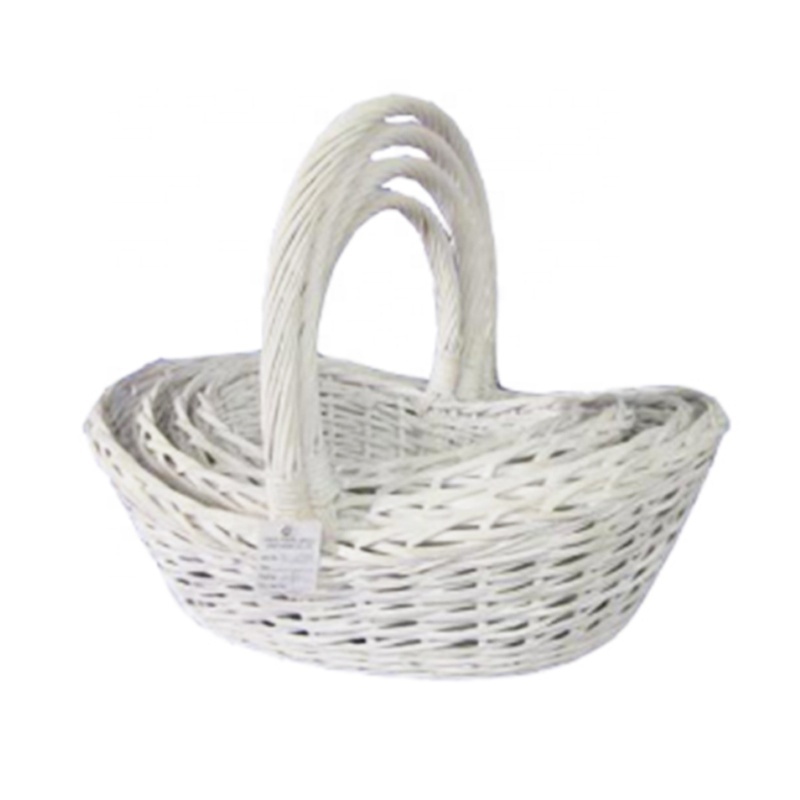 Cheap willow boat shaped white wicker basket with handle large size