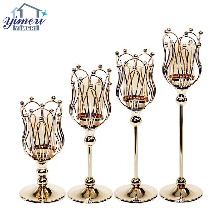 house interior decoration hollow out tulip shape metal pillar stand gold candle holder