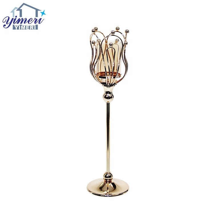 house interior decoration hollow out tulip shape metal pillar stand gold candle holder