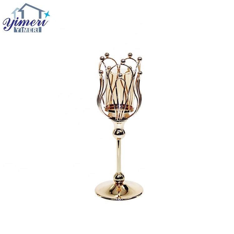 house interior decoration hollow out tulip shape metal pillar stand gold candle holder