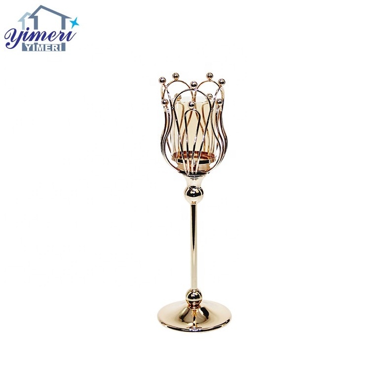 house interior decoration hollow out tulip shape metal pillar stand gold candle holder