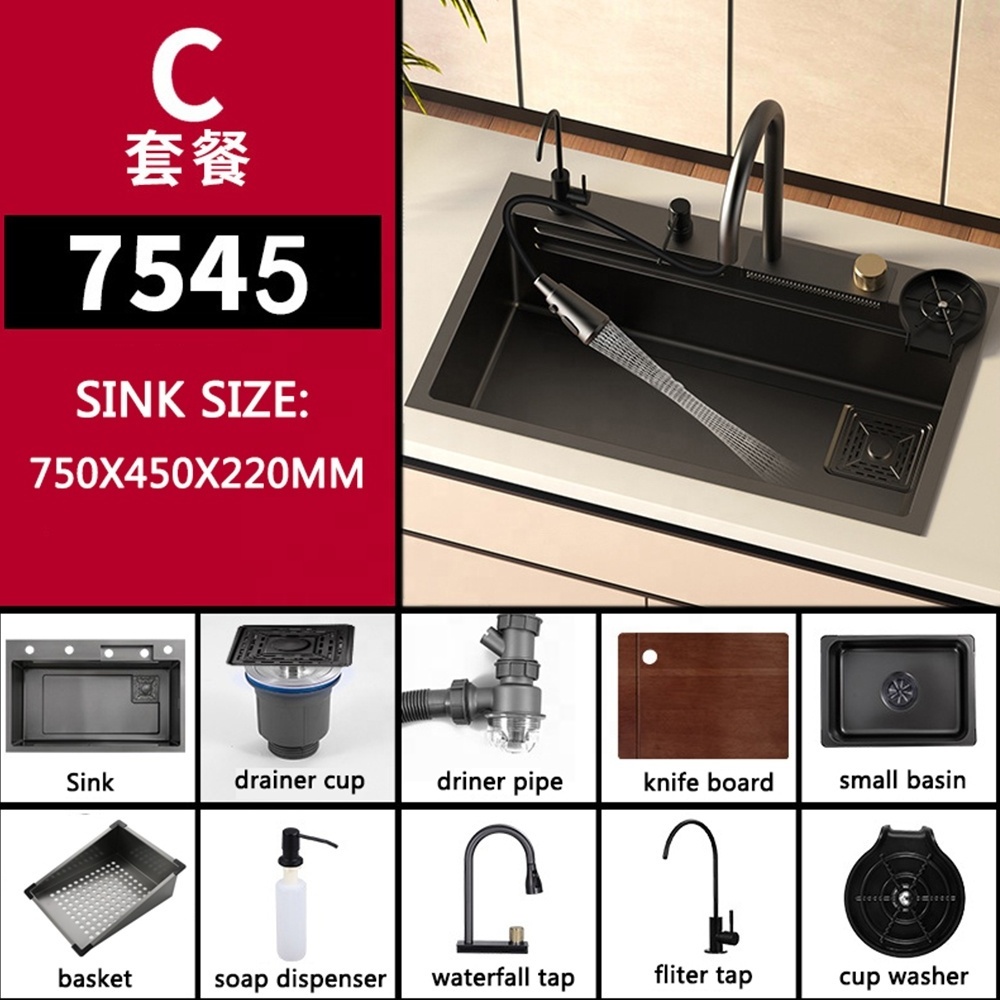 Amazon handmade stainless steel nano black sink restaurant farmhouse single bowl sink modern waterfall kitchen sink for house