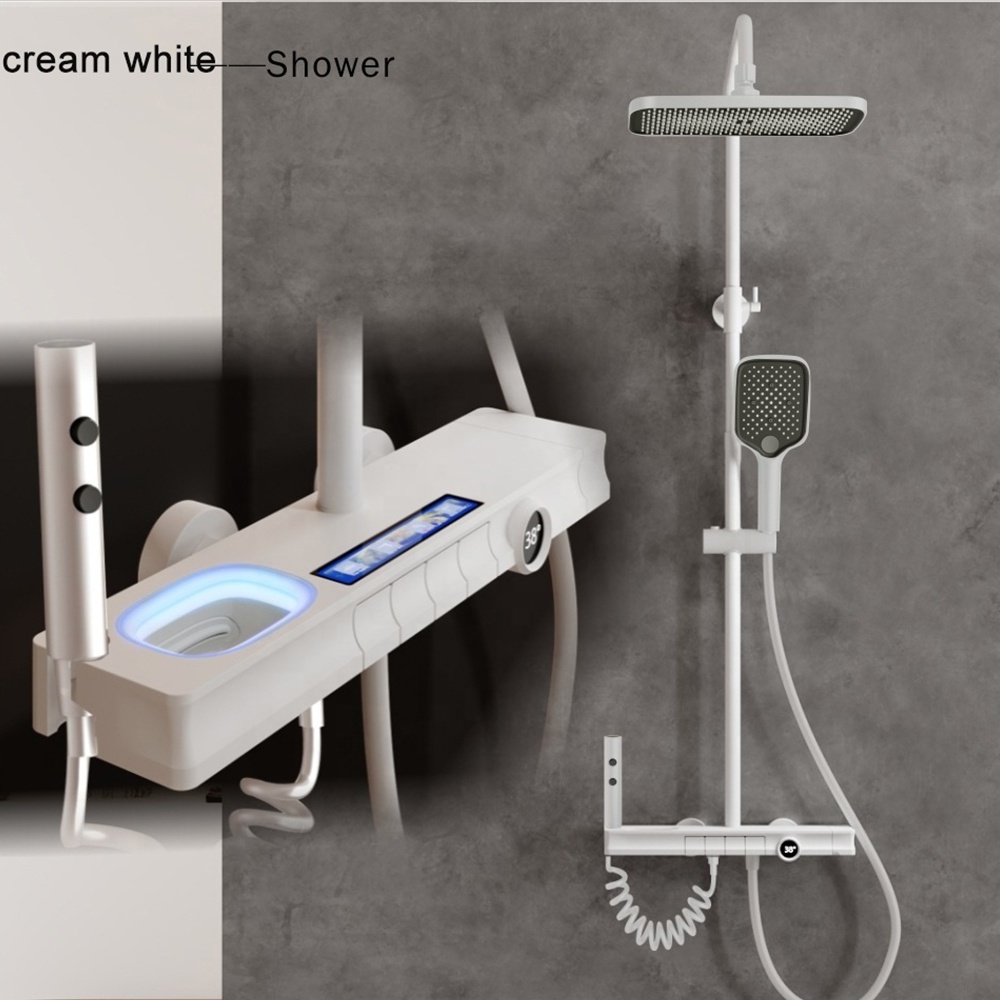 Modern Cream white LED light Brass Rainfall Shower Set Bathroom Bath Shower Faucet