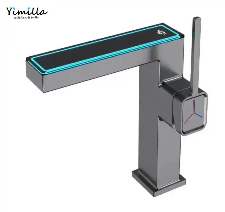 YIMILLA New Design Modern Washbasin Faucet Black Mixer Smart Digital Basin Water Tap Bathroom LED Faucet