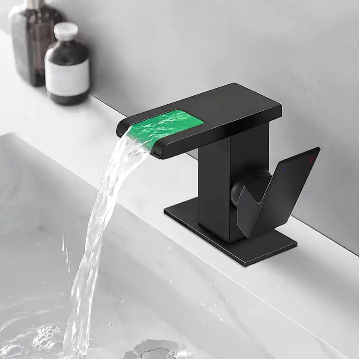 Yimilla LED Solid Brass Waterfall Black Single Hole Bathroom Sink Faucet 3 Colors Light Changing Single Handle Vanity Faucets