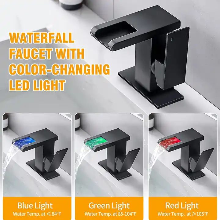 Yimilla LED Solid Brass Waterfall Black Single Hole Bathroom Sink Faucet 3 Colors Light Changing Single Handle Vanity Faucets