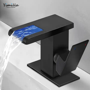 Yimilla LED Solid Brass Waterfall Black Single Hole Bathroom Sink Faucet 3 Colors Light Changing Single Handle Vanity Faucets