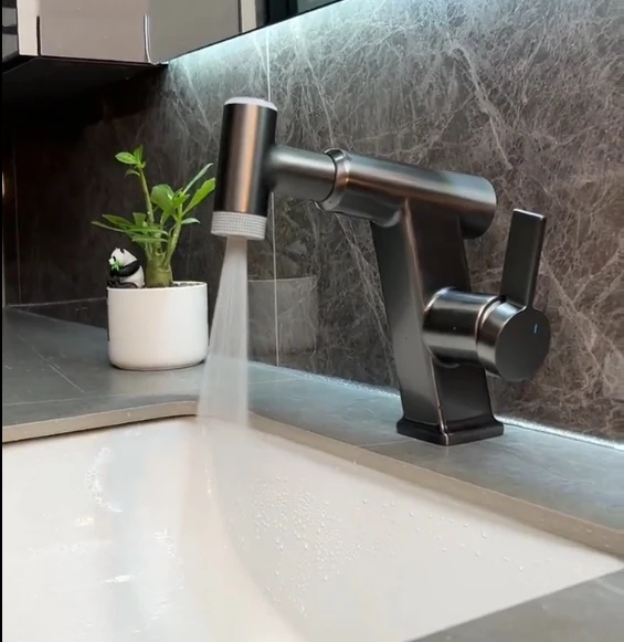 Yimilla tiktok all copper rotary pleochromatic digital display washbasin faucet household cold hot bathroom gun grey faucet