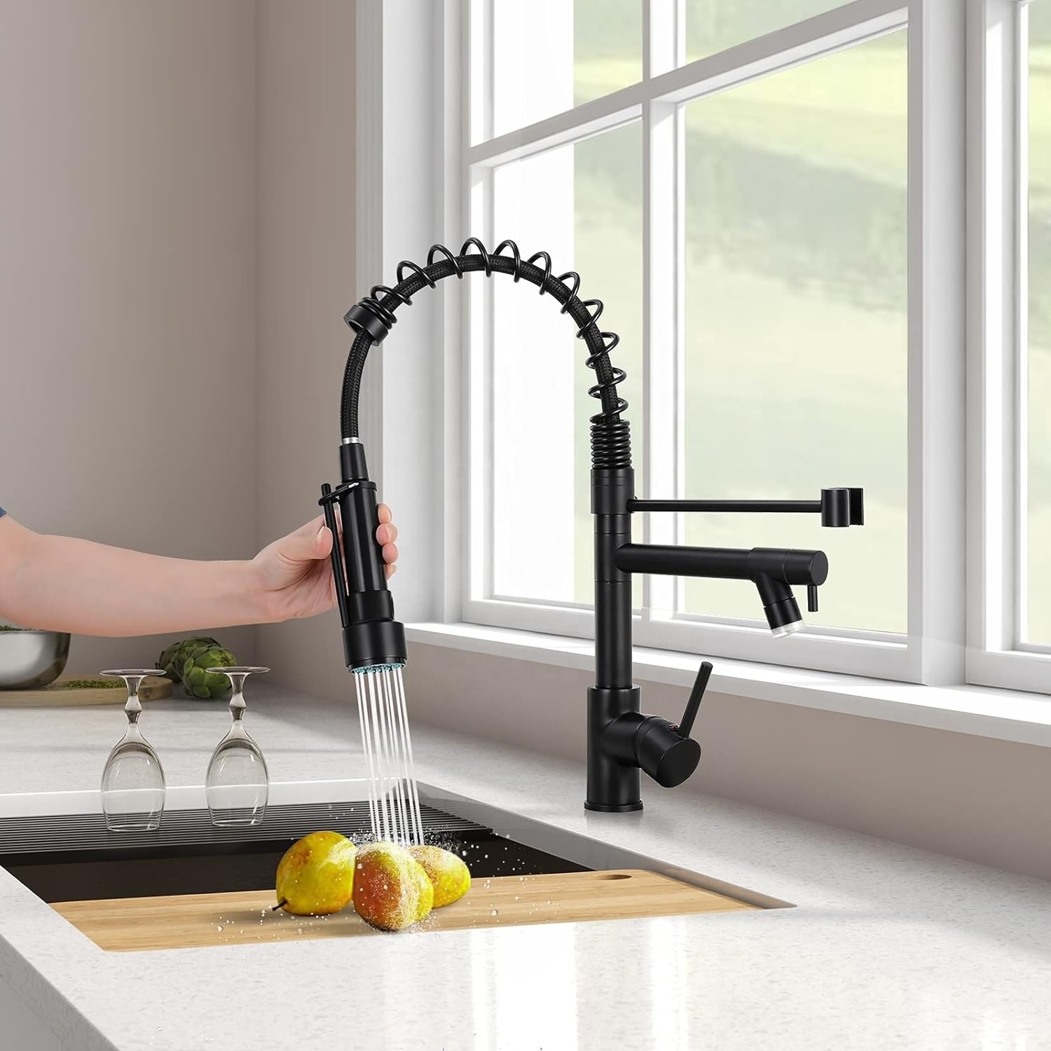 Amazon hot design black lifting faucet brass farmhouse kitchen sink faucet with LED light