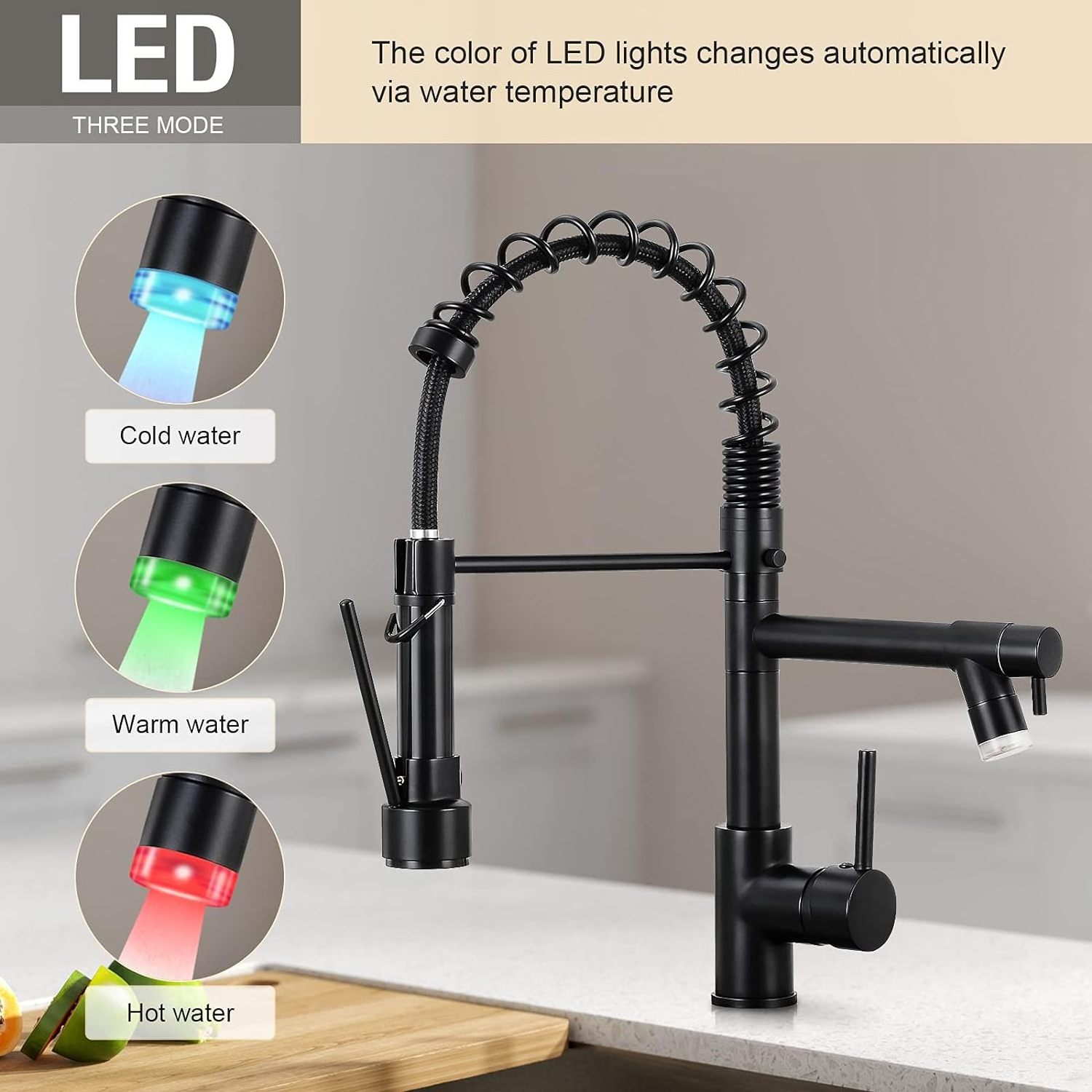 Amazon hot design black lifting faucet brass farmhouse kitchen sink faucet with LED light