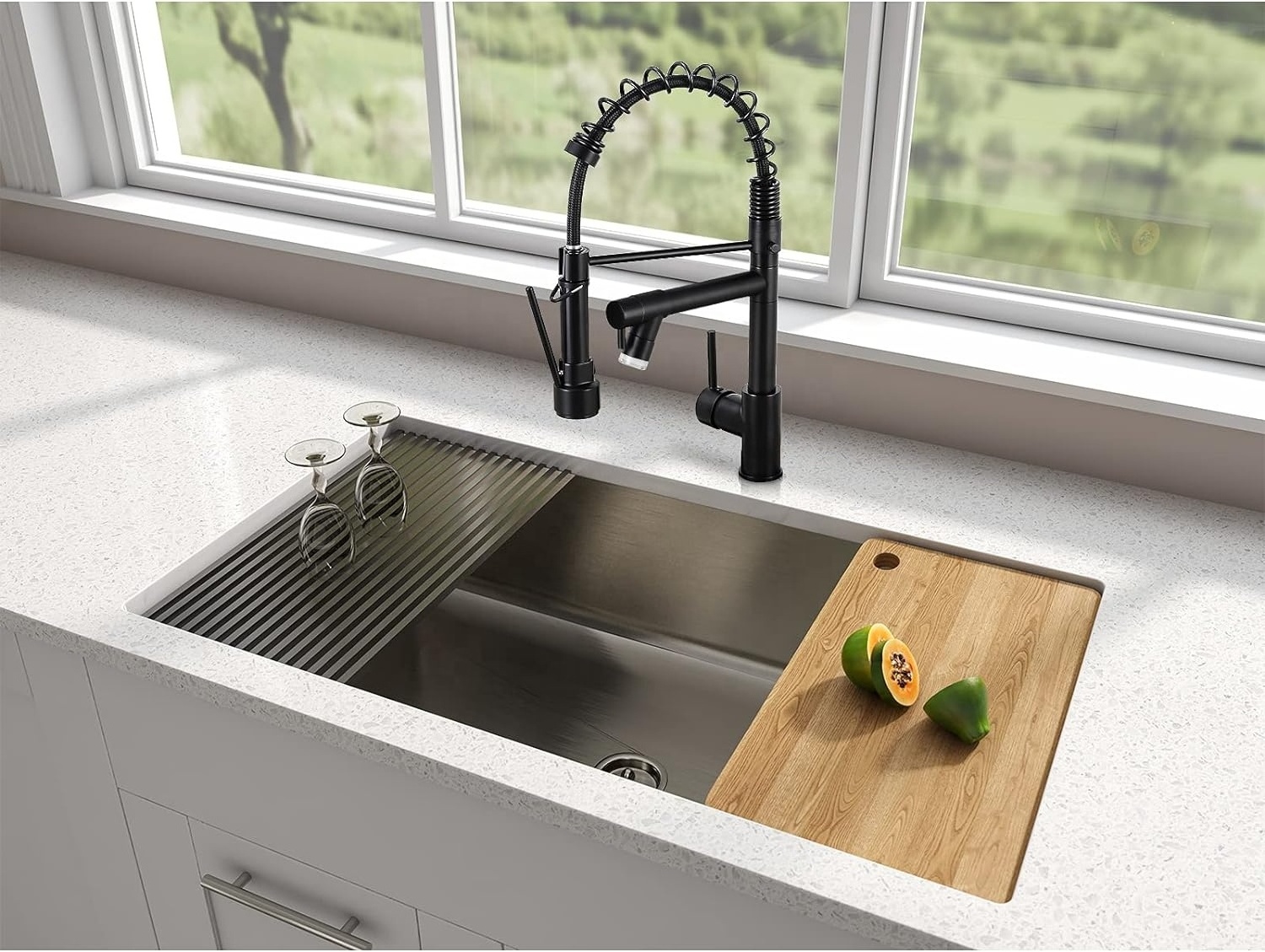 Amazon hot design black lifting faucet brass farmhouse kitchen sink faucet with LED light