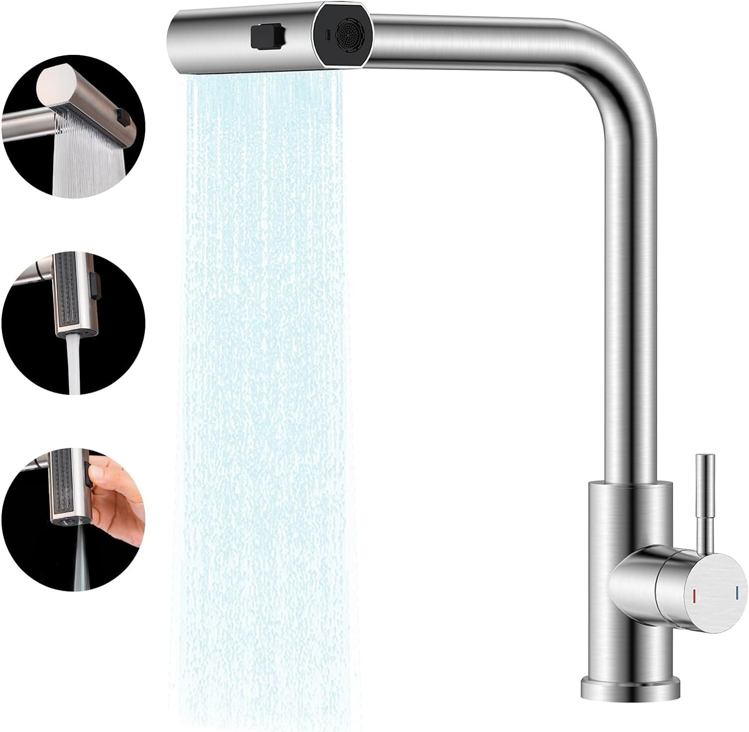 Waterfall Kitchen Faucet with Pull-Out Sprayer Brushed Nickel Kitchen Faucet SUS304 Stainless Steel Swivel Kitchen Sink Fau